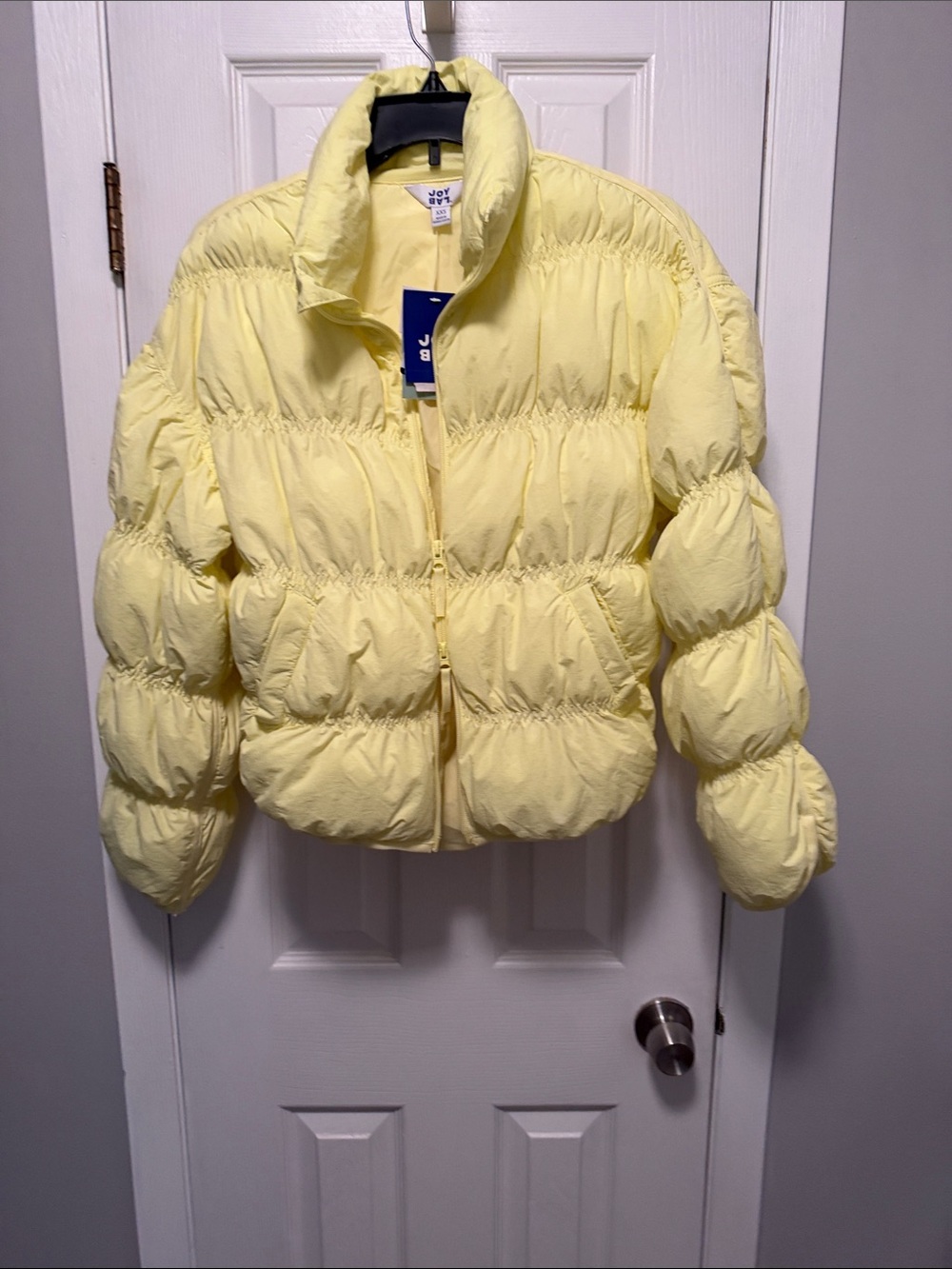 XXS bright yellow with dull zippers, pockets, new puffer jacket